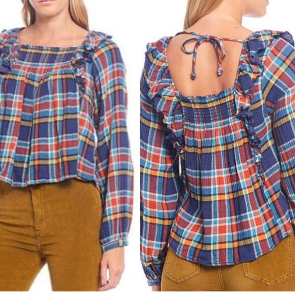 Free People Siena Plaid Pullover in Blue  Ruffled - Picture 2 of 10